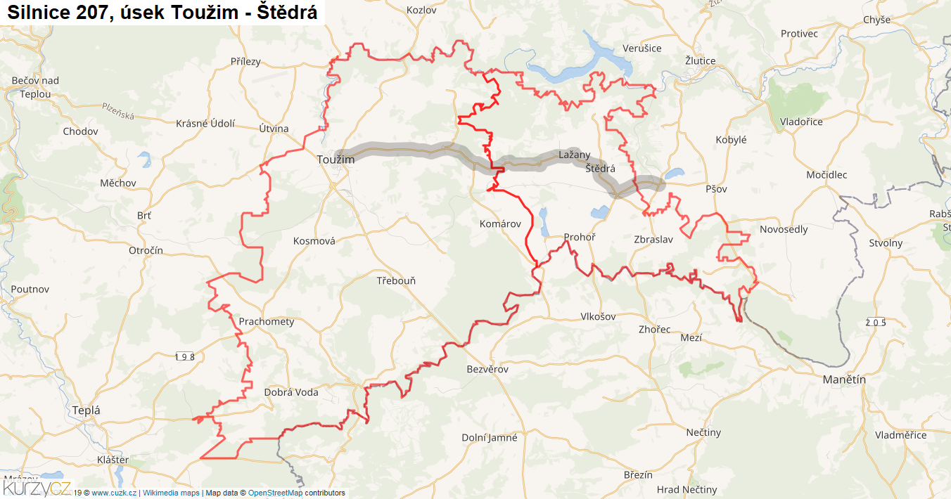 Úsek Toužim - Štědrá, Silnice 207 - Mapa