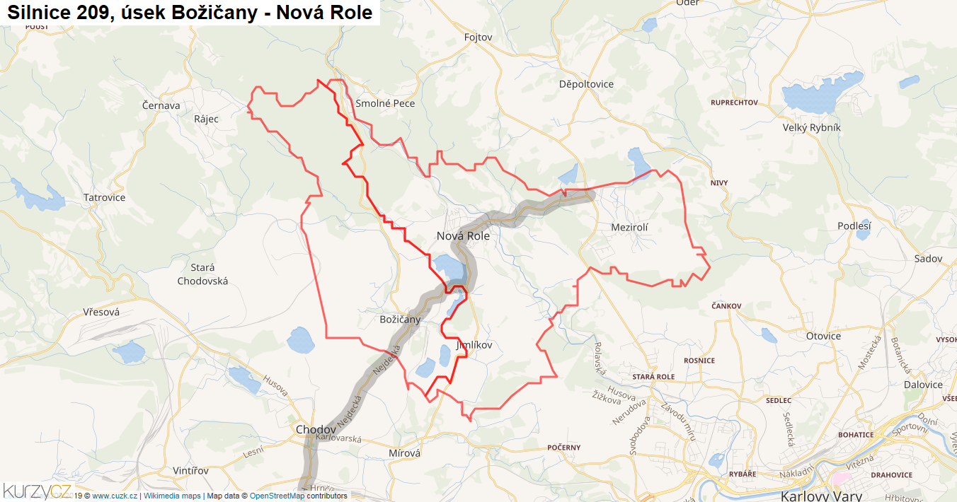 Úsek Božičany - Nová Role, Silnice 209 - Mapa