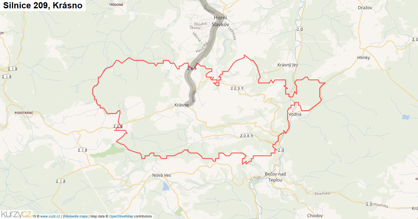 Krásno, Silnice 209 - Mapa