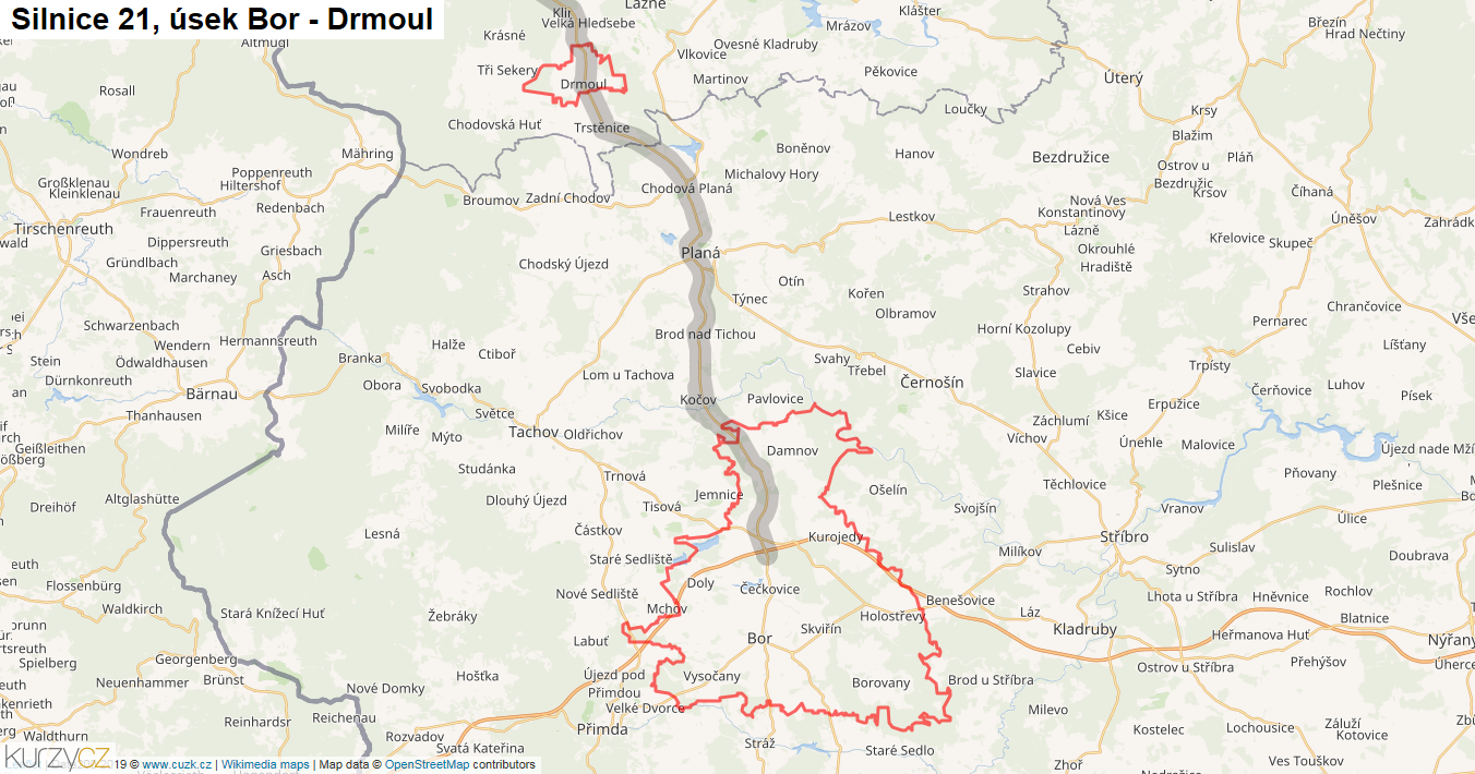 Úsek Bor - Drmoul, Silnice 21 - Mapa