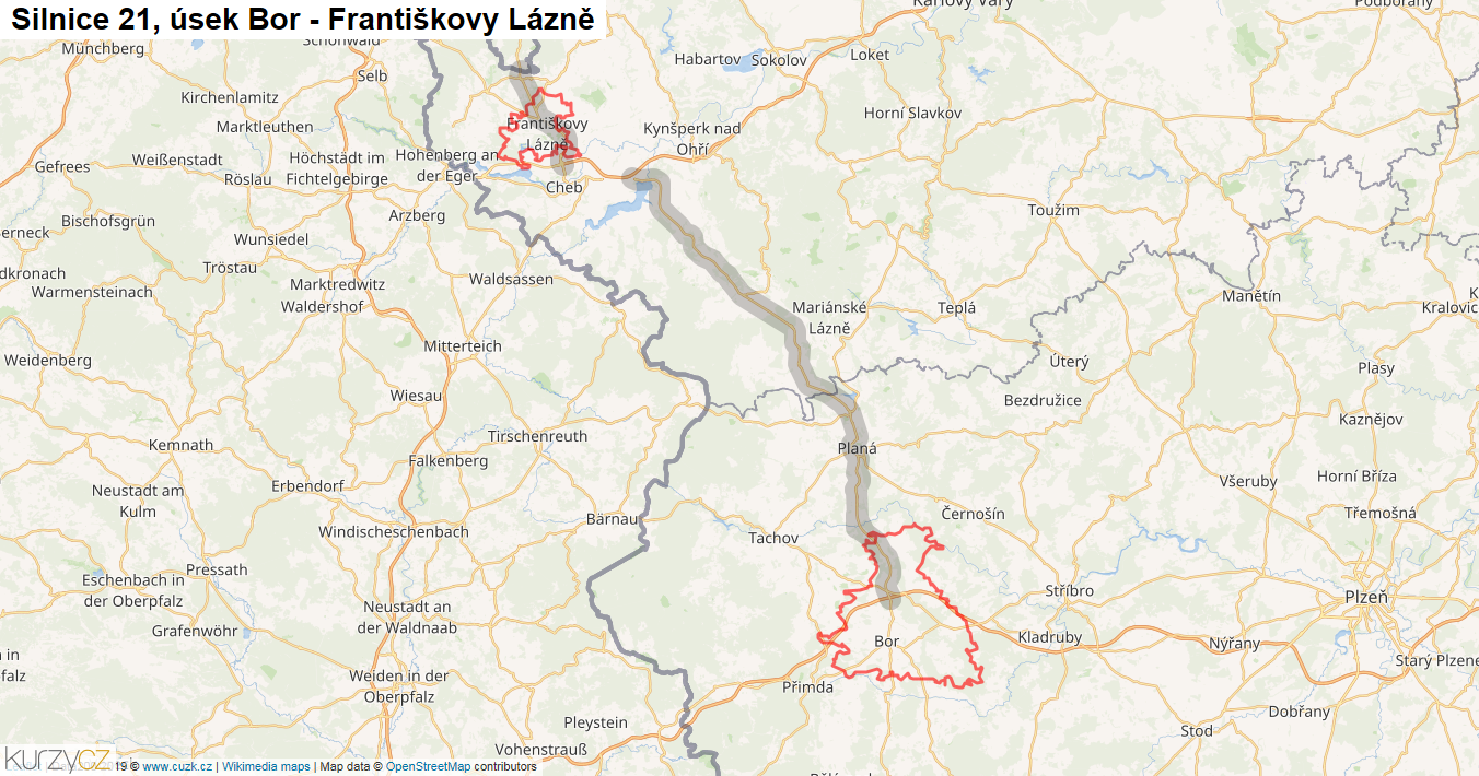 Úsek Bor - Františkovy Lázně, Silnice 21 - Mapa