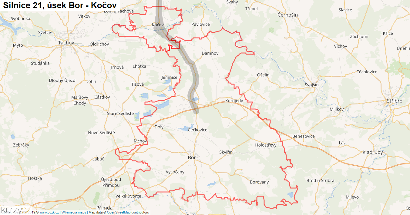 Úsek Bor - Kočov, Silnice 21 - Mapa