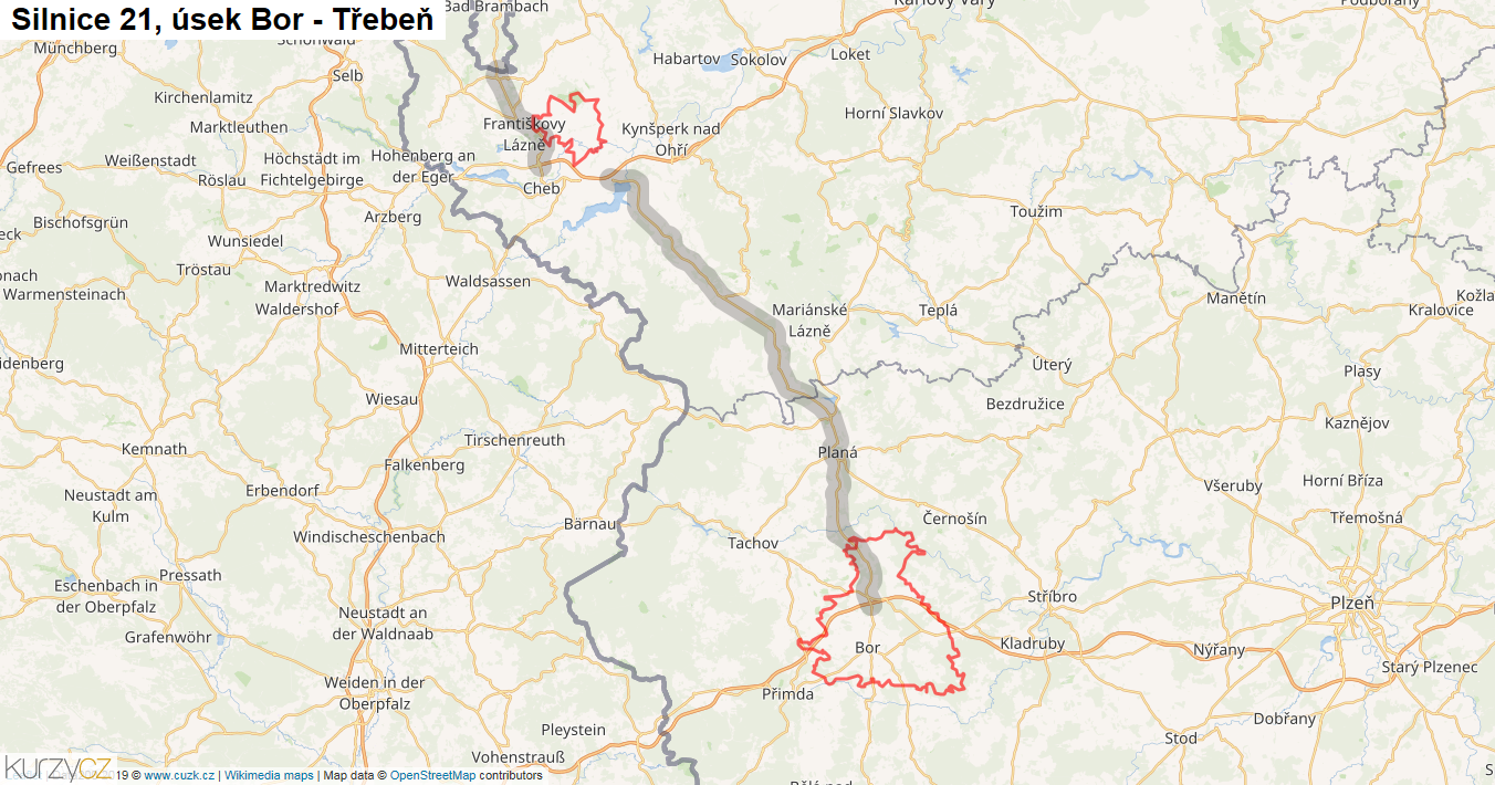 Úsek Bor - Třebeň, Silnice 21 - Mapa