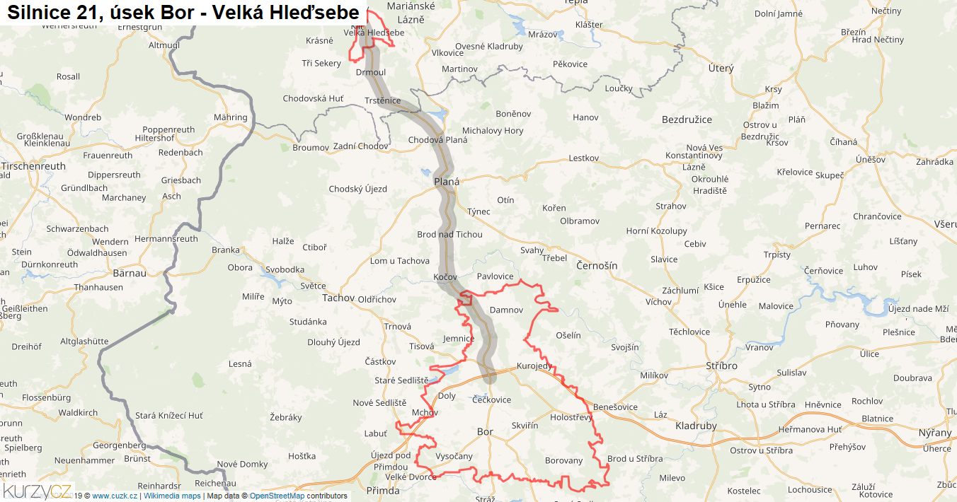 Úsek Bor - Velká Hleďsebe, Silnice 21 - Mapa