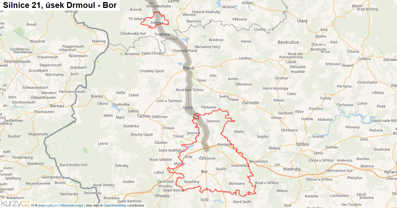 Úsek Drmoul - Bor, Silnice 21 - Mapa
