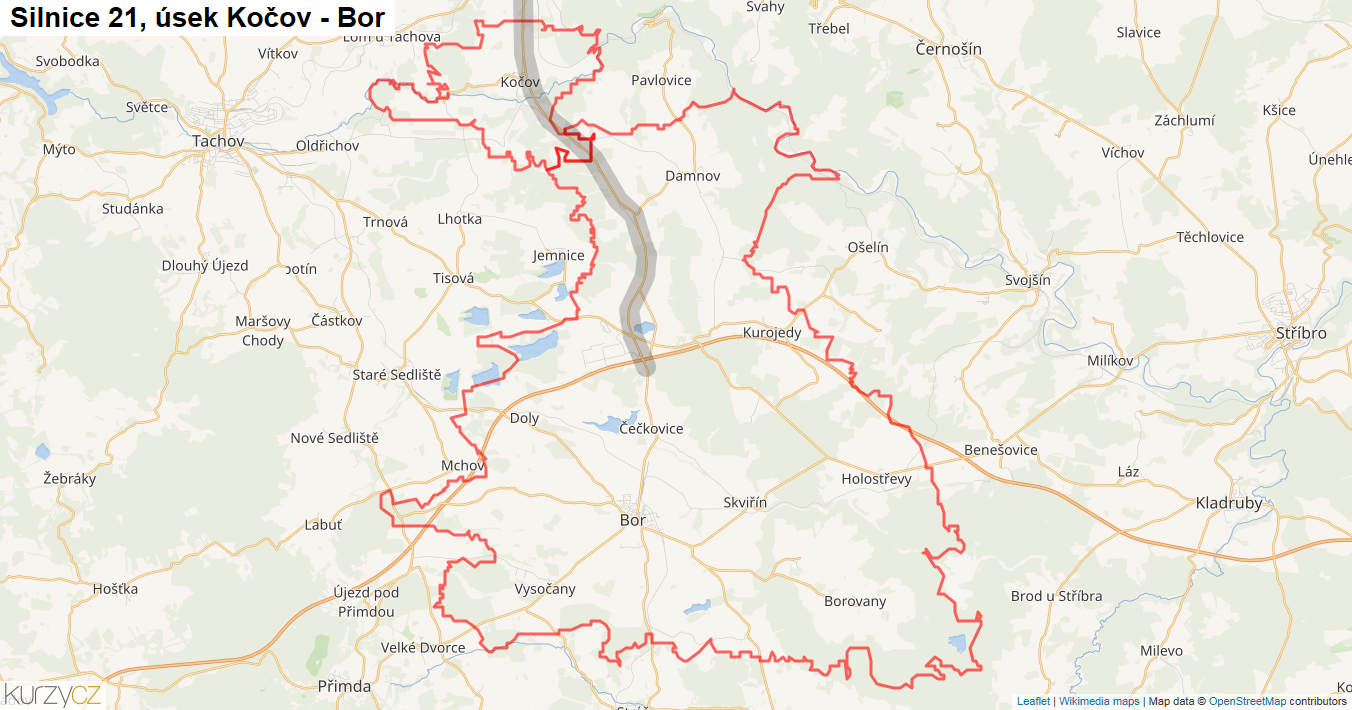 Úsek Kočov - Bor, Silnice 21 - Mapa