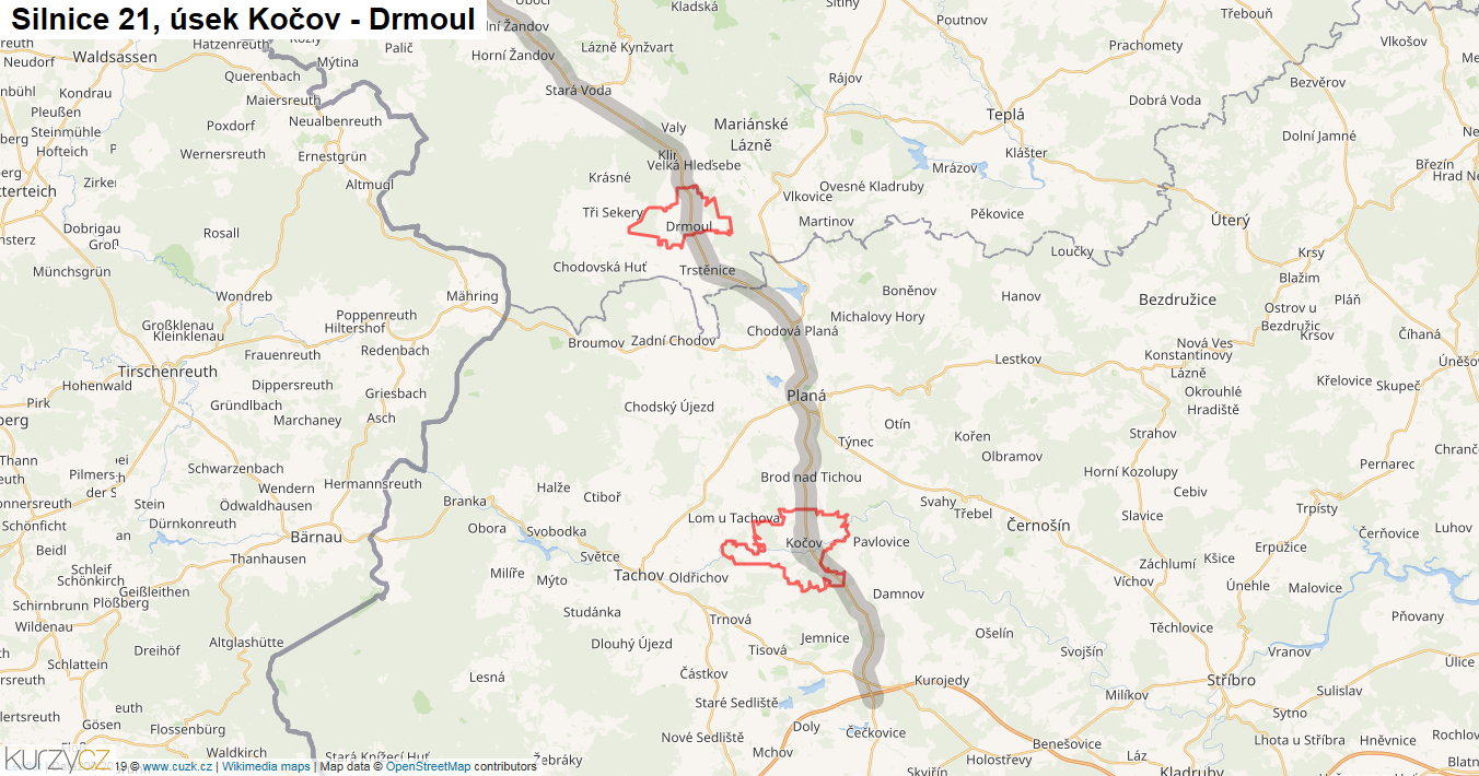 Úsek Kočov - Drmoul, Silnice 21 - Mapa