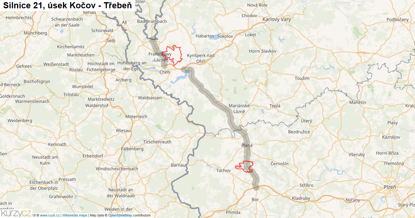 Úsek Kočov - Třebeň, Silnice 21 - Mapa