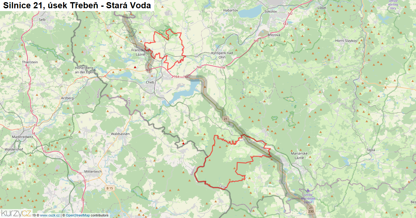 Úsek Třebeň - Stará Voda, Silnice 21 - Mapa