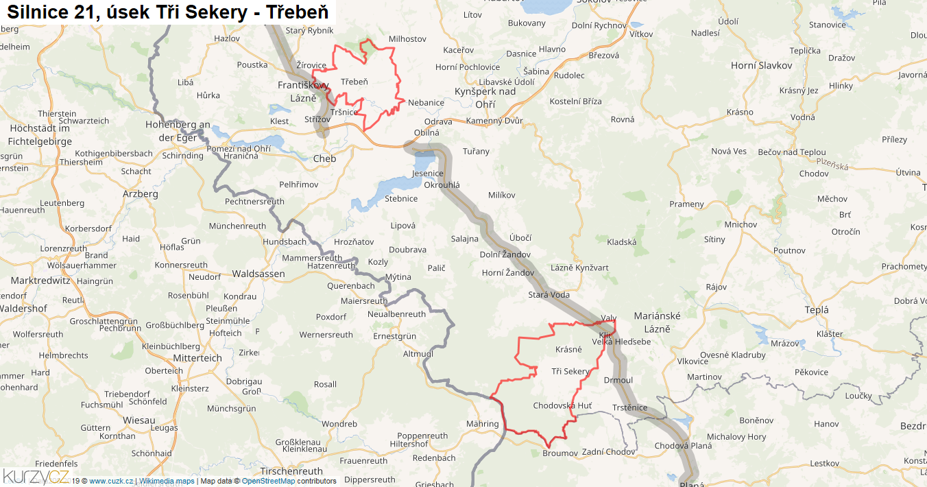 Úsek Tři Sekery - Třebeň, Silnice 21 - Mapa