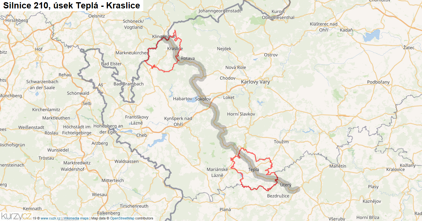 Úsek Teplá - Kraslice, Silnice 210 - Mapa