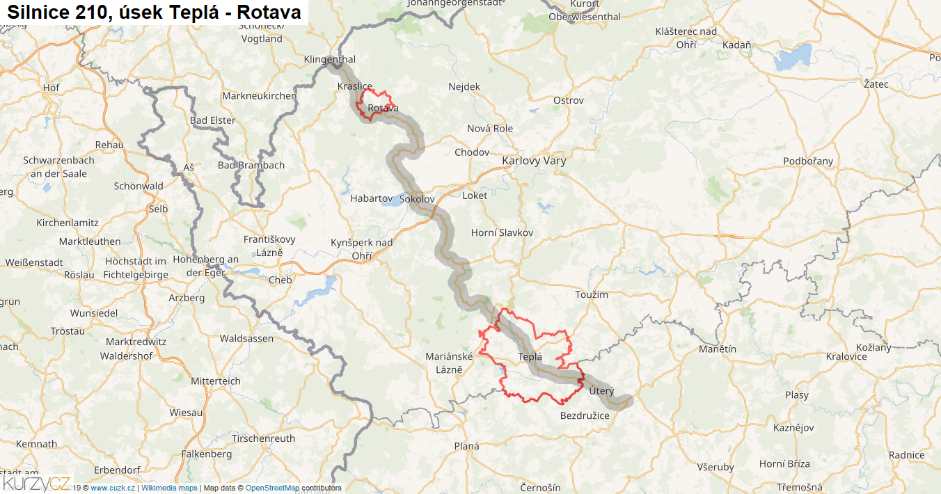 Úsek Teplá - Rotava, Silnice 210 - Mapa