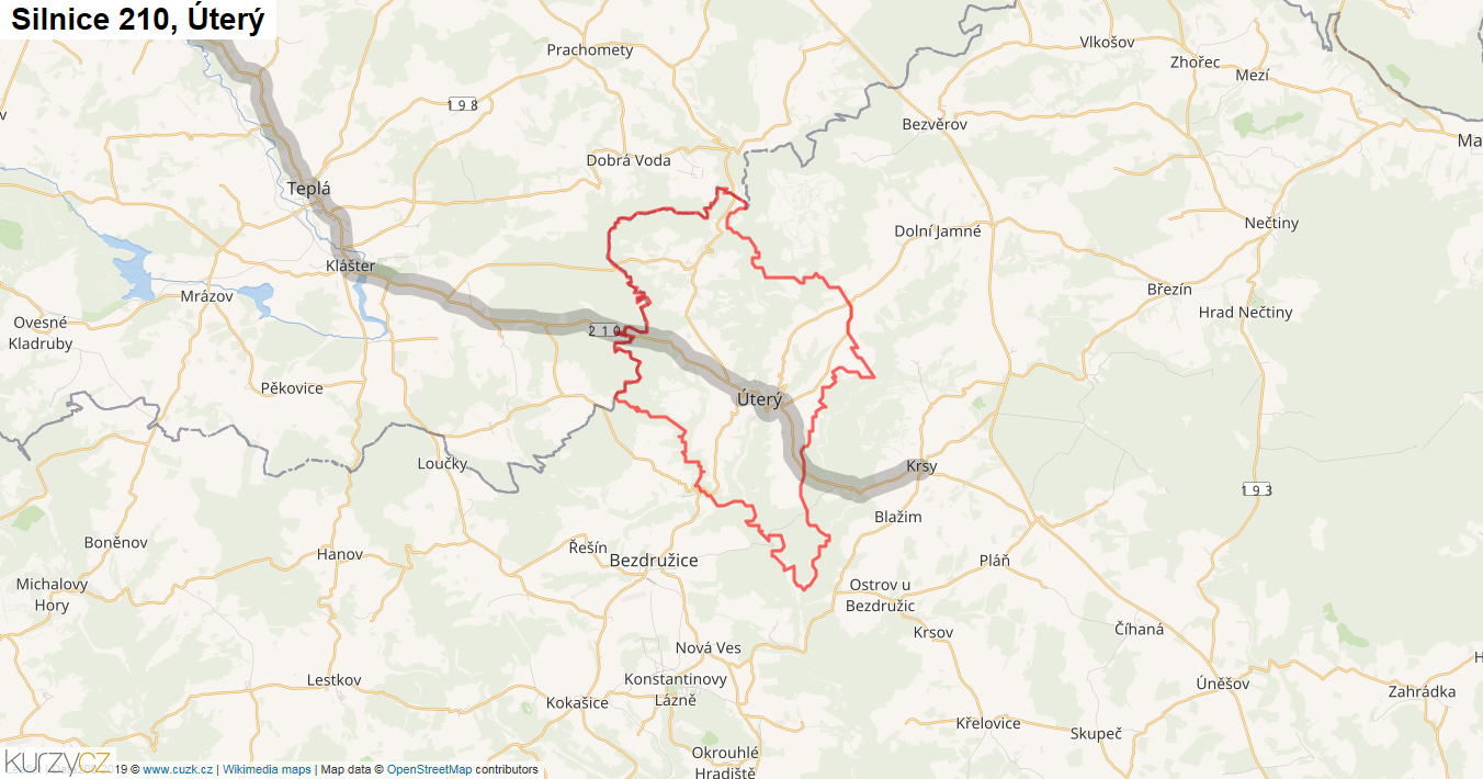 Úterý, Silnice 210 - Mapa