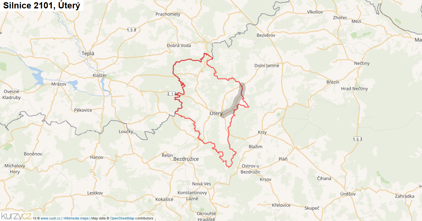 Úterý, Silnice 2101 - Mapa