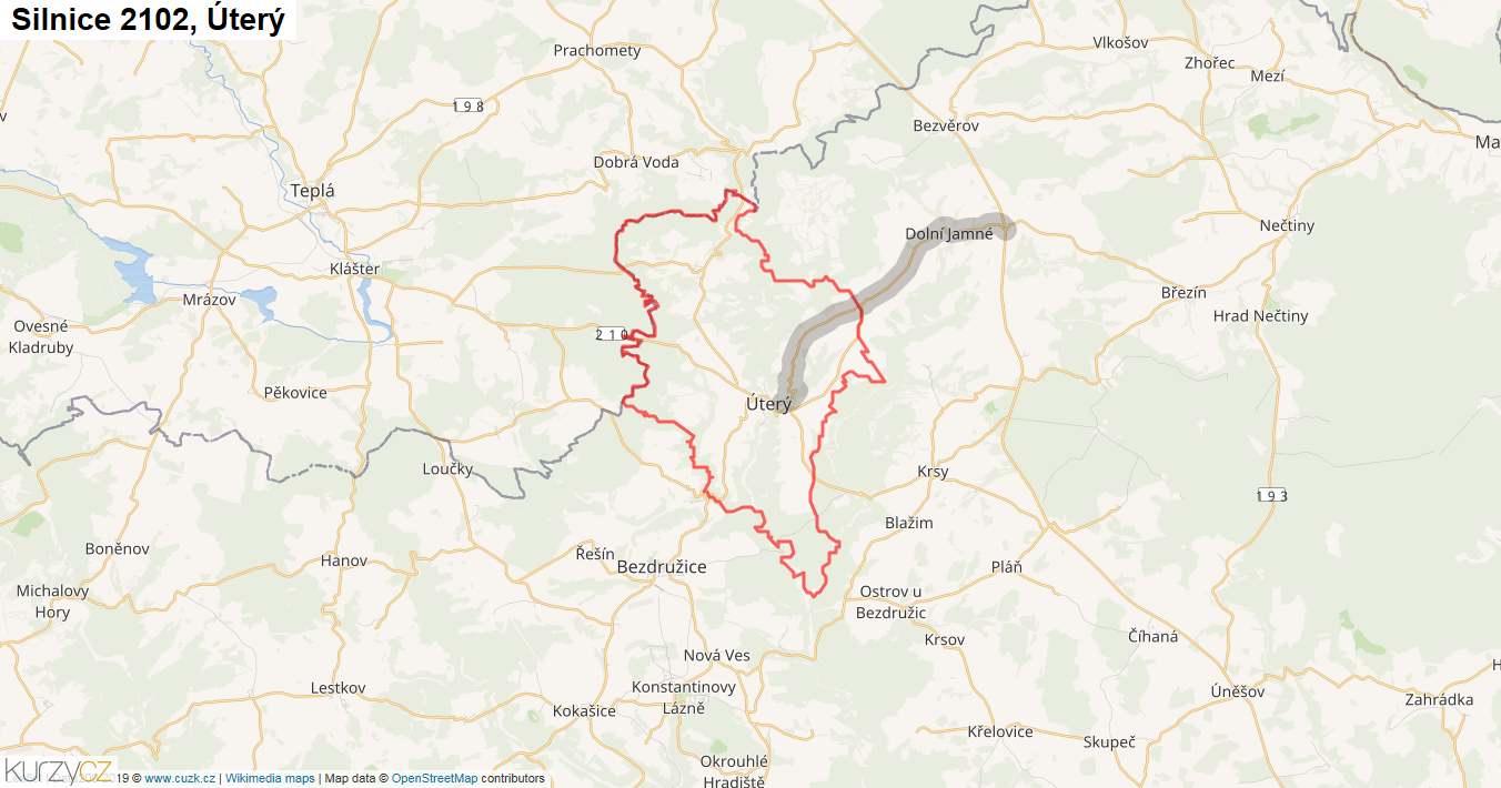Úterý, Silnice 2102 - Mapa