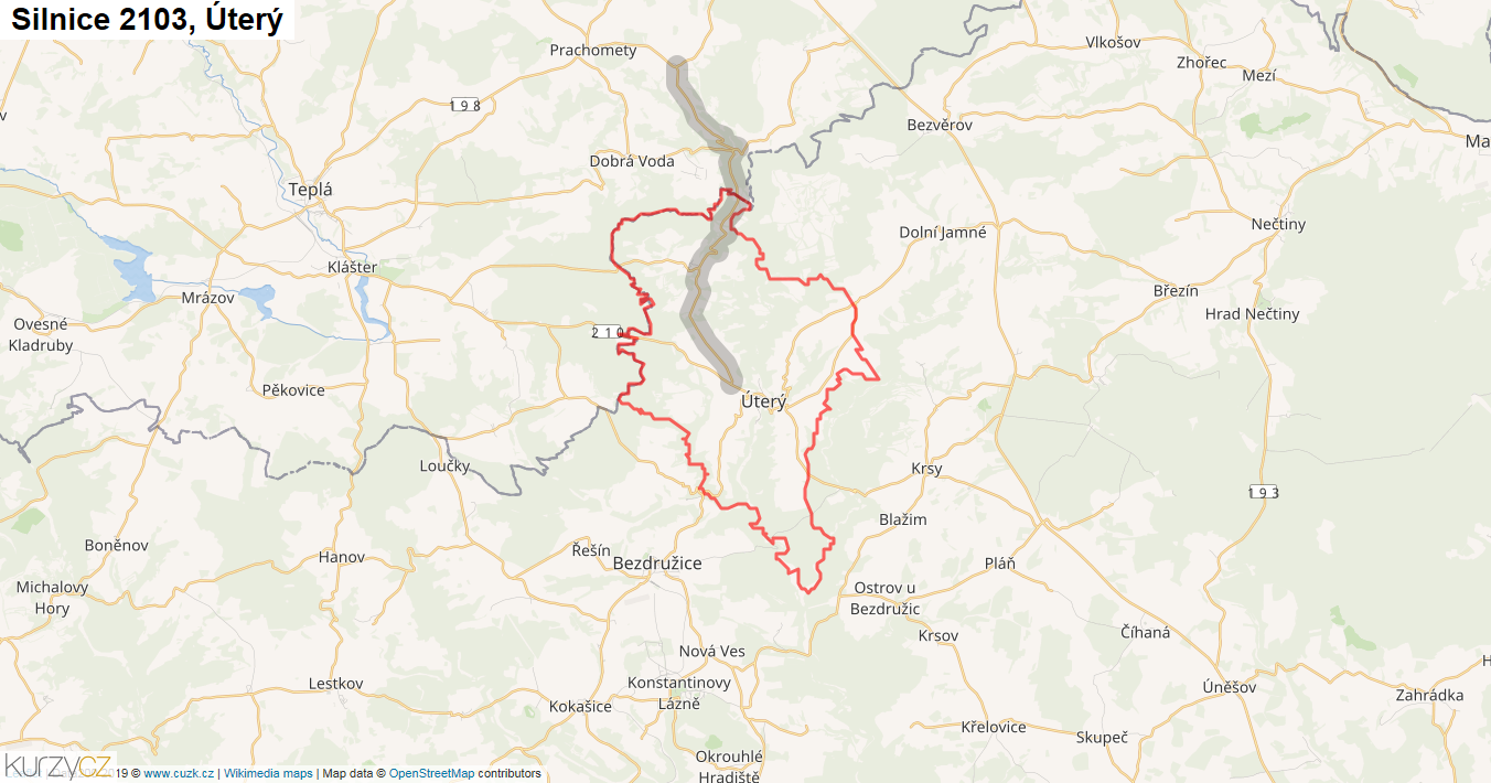 Úterý, Silnice 2103 - Mapa