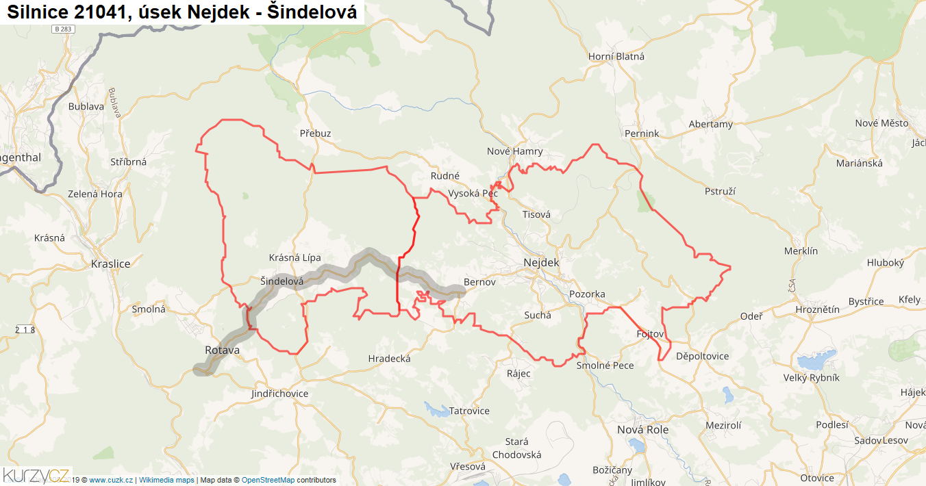 Úsek Nejdek - Šindelová, Silnice 21041 - Mapa