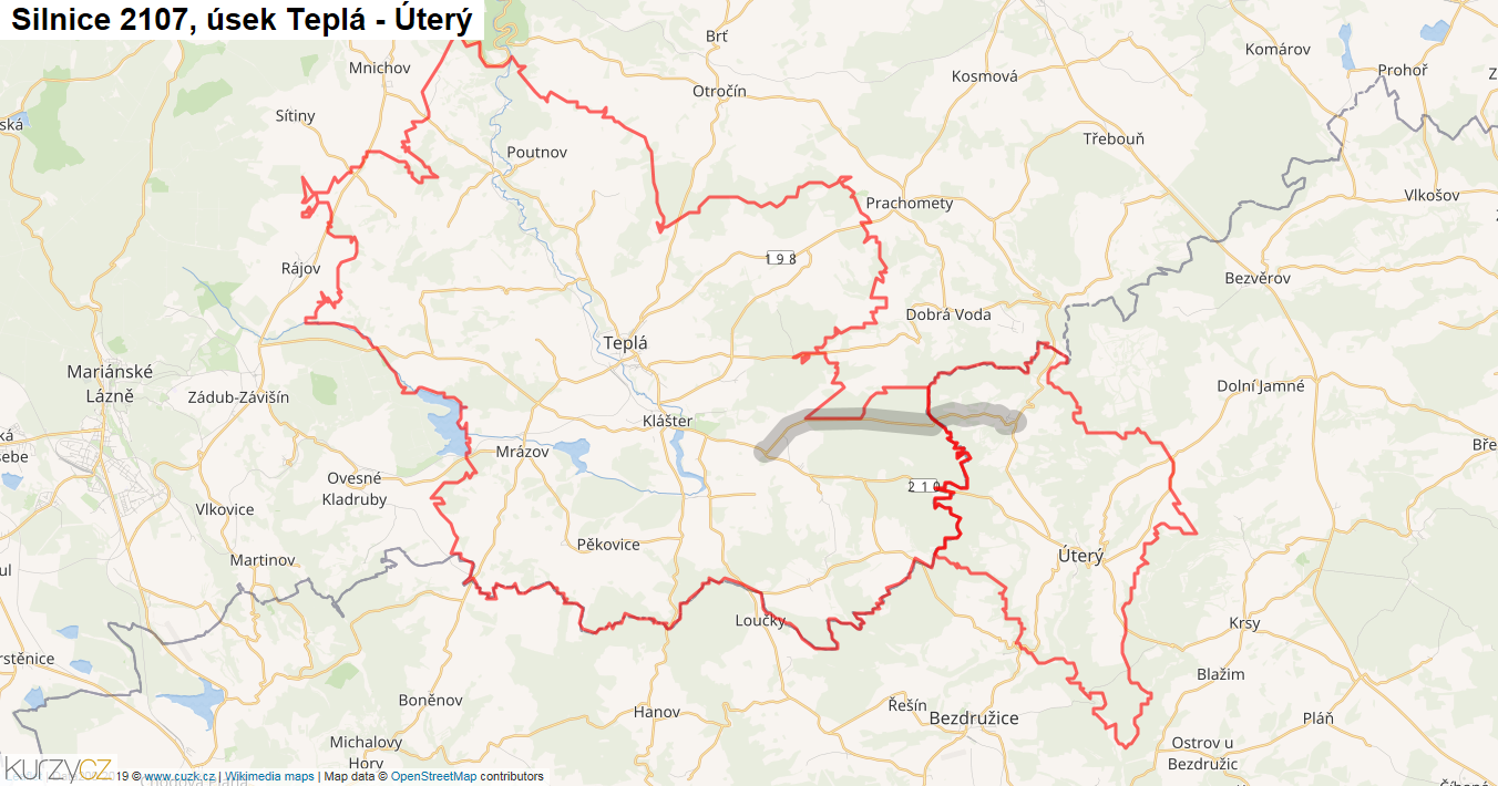 Úsek Teplá - Úterý, Silnice 2107 - Mapa
