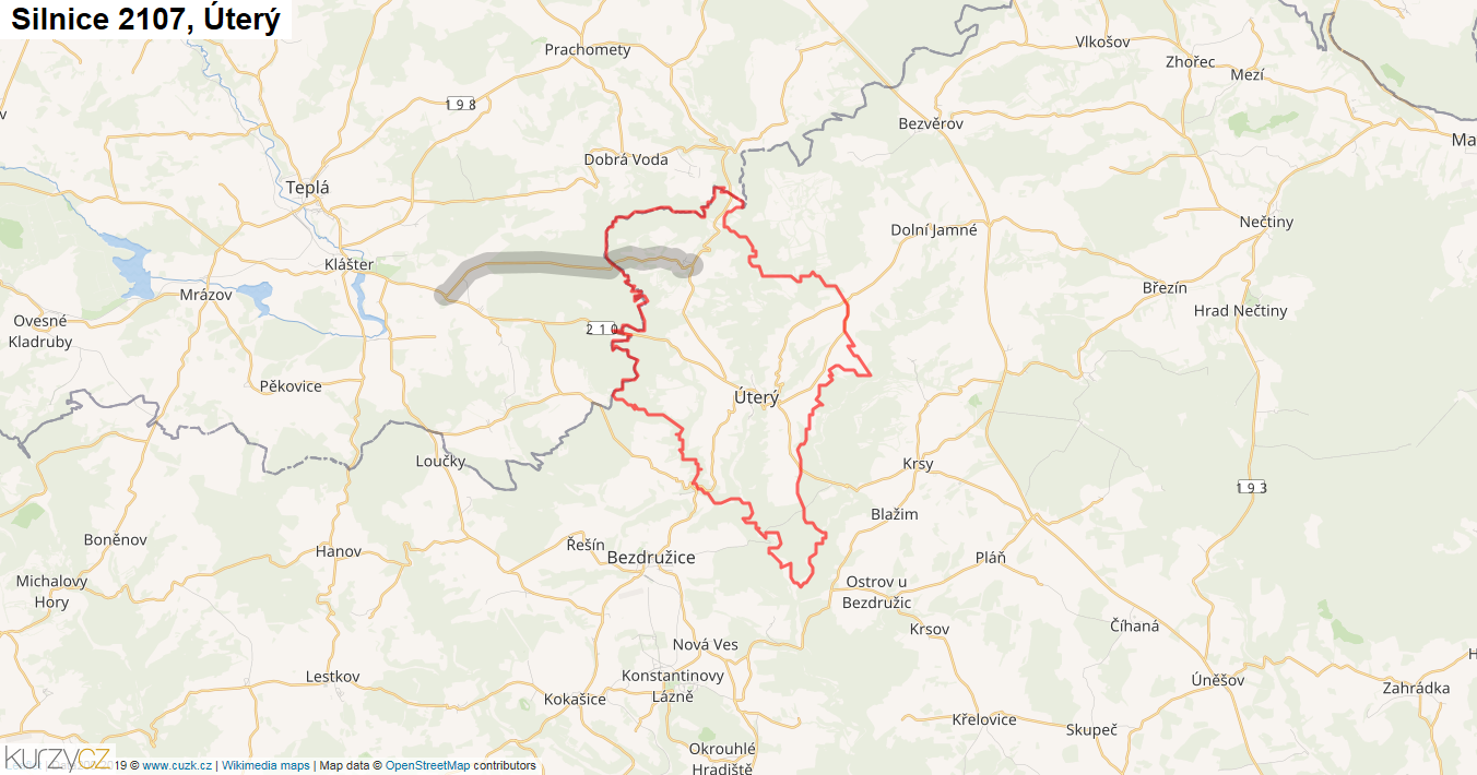 Úterý, Silnice 2107 - Mapa