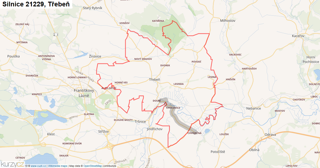 Třebeň, Silnice 21229 - Mapa