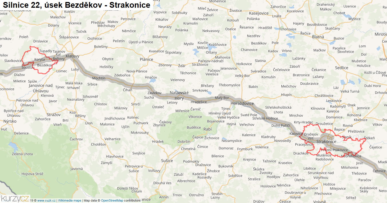 Úsek Bezděkov - Strakonice, Silnice 22 - Mapa