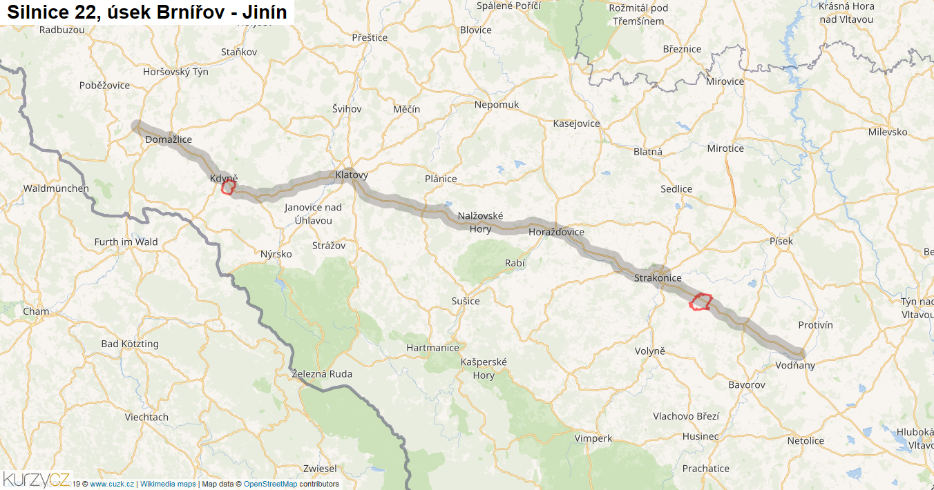 Úsek Brnířov - Jinín, Silnice 22 - Mapa