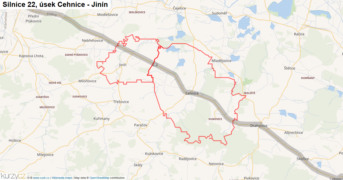 Úsek Cehnice - Jinín, Silnice 22 - Mapa