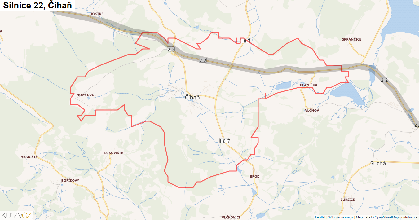 Číhaň, Silnice 22 - Mapa