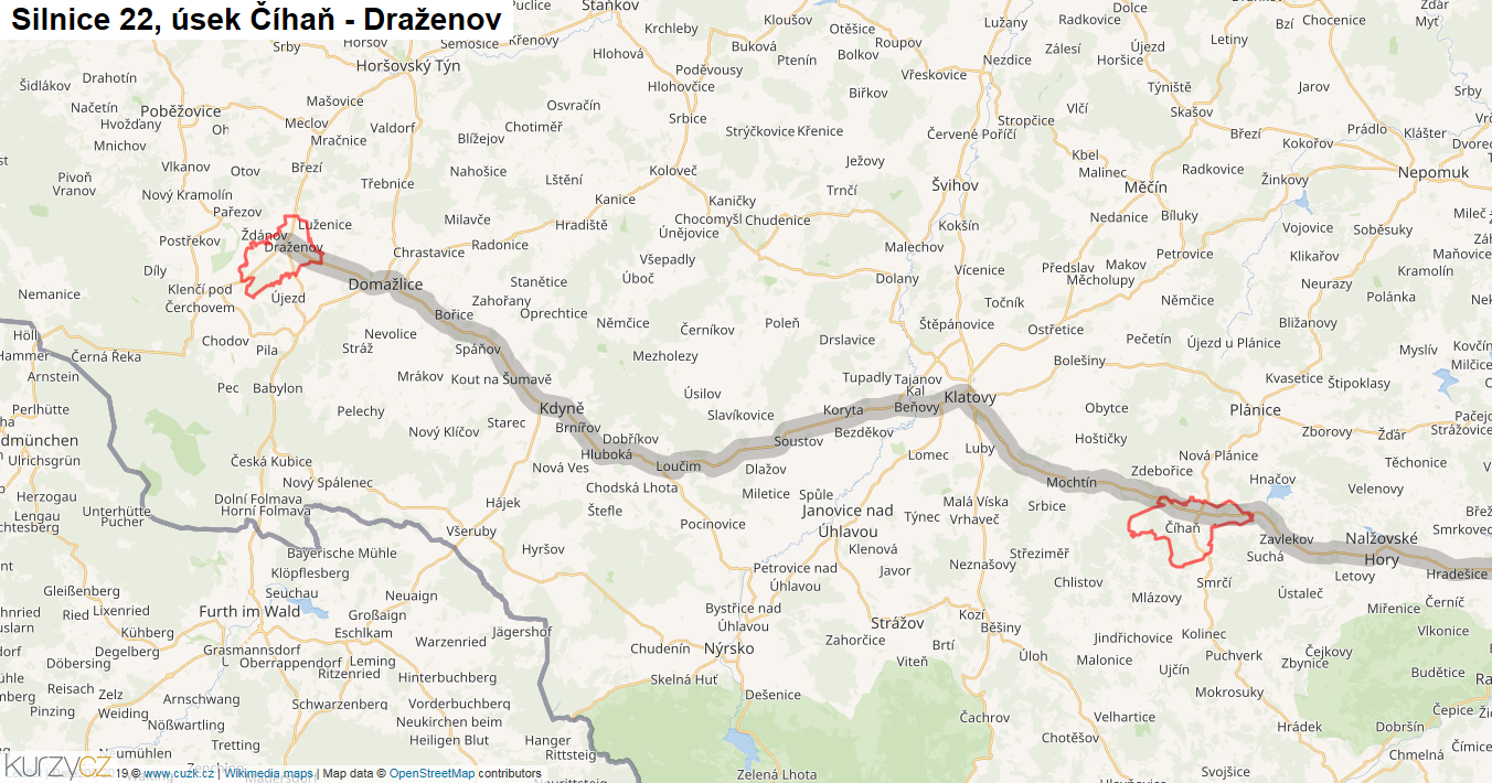 Úsek Číhaň - Draženov, Silnice 22 - Mapa