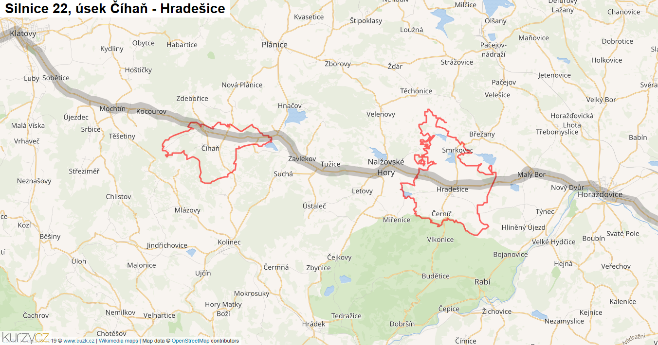 Úsek Číhaň - Hradešice, Silnice 22 - Mapa