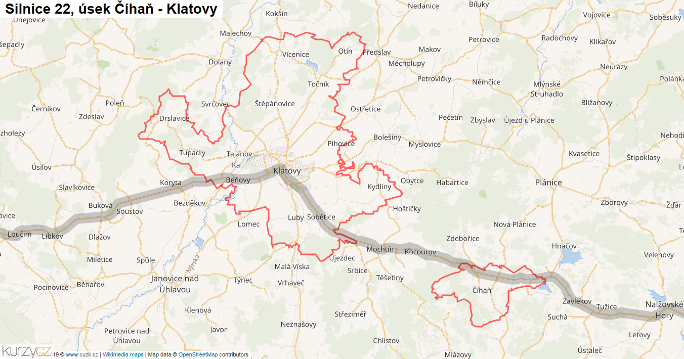 Úsek Číhaň - Klatovy, Silnice 22 - Mapa