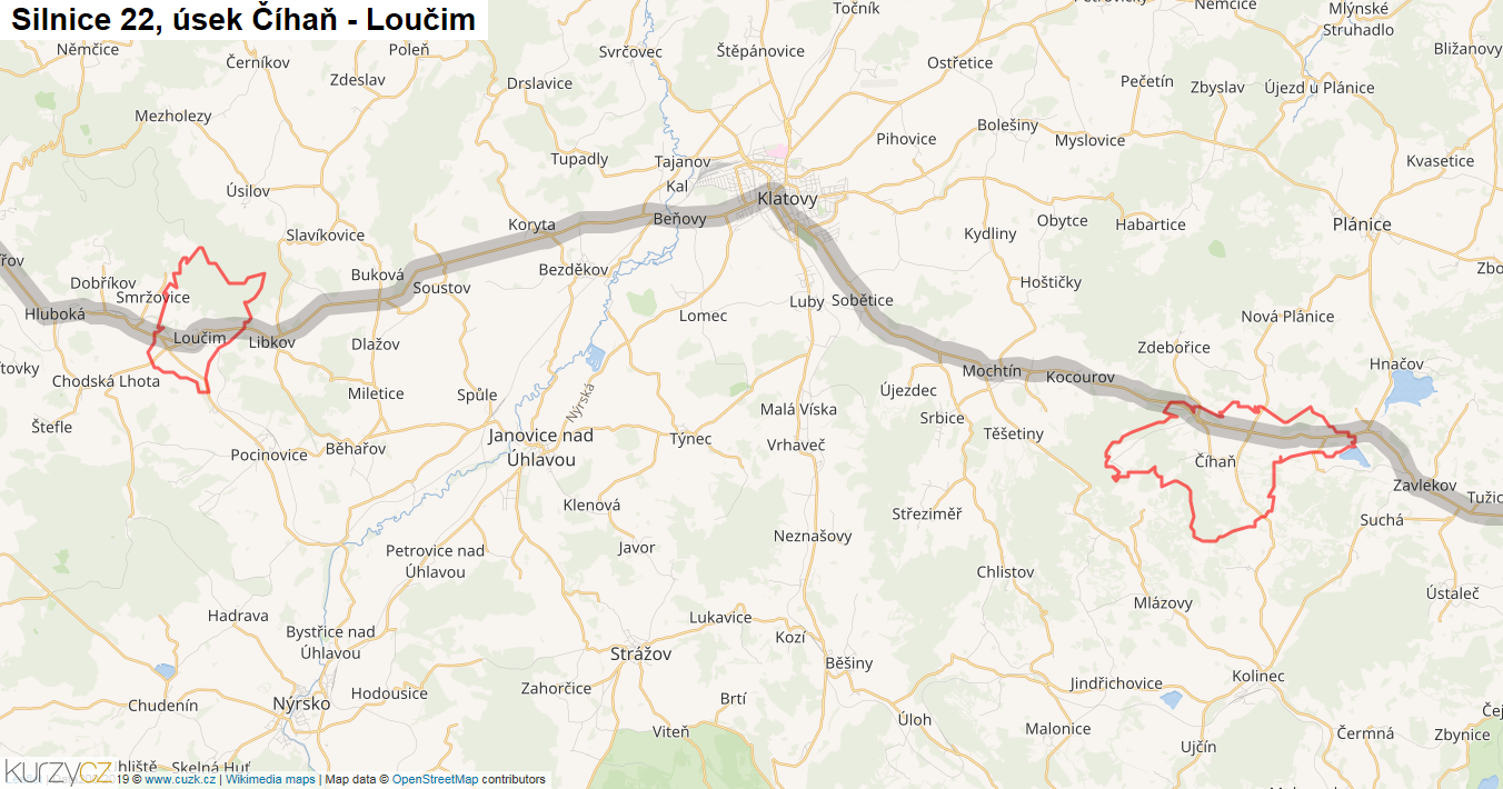 Úsek Číhaň - Loučim, Silnice 22 - Mapa