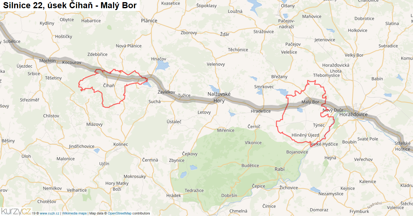 Úsek Číhaň - Malý Bor, Silnice 22 - Mapa