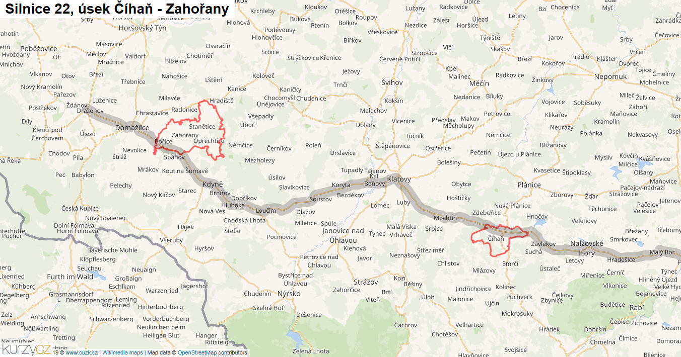 Úsek Číhaň - Zahořany, Silnice 22 - Mapa