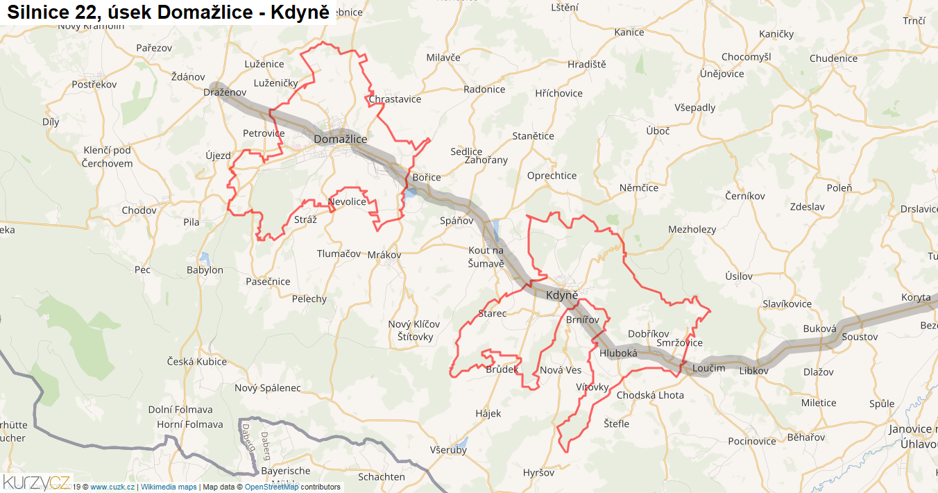 Úsek Domažlice - Kdyně, Silnice 22 - Mapa