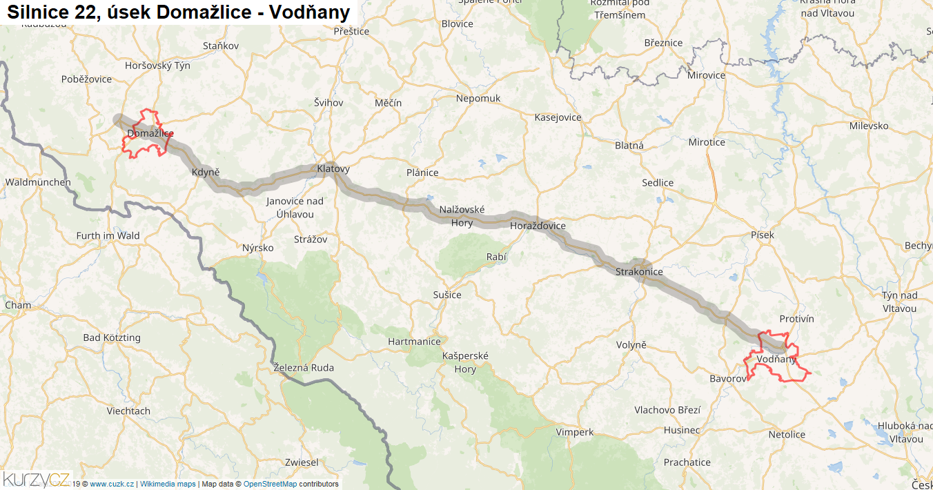 Úsek Domažlice - Vodňany, Silnice 22 - Mapa