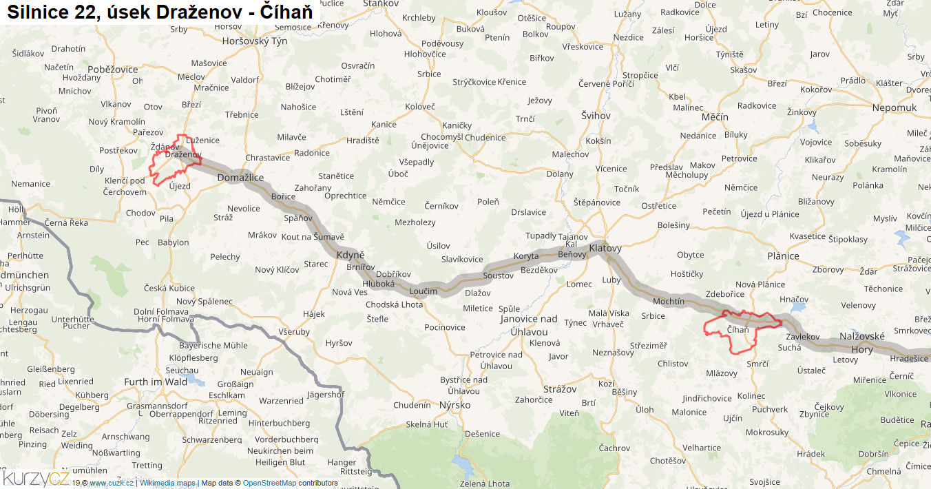 Úsek Draženov - Číhaň, Silnice 22 - Mapa