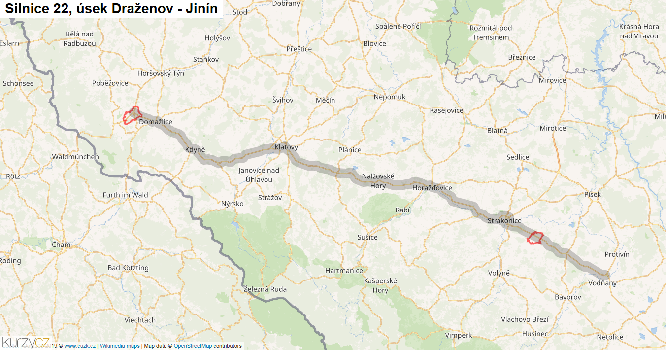 Úsek Draženov - Jinín, Silnice 22 - Mapa