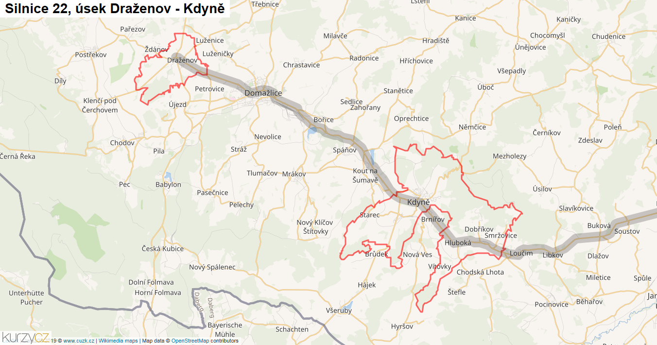 Úsek Draženov - Kdyně, Silnice 22 - Mapa