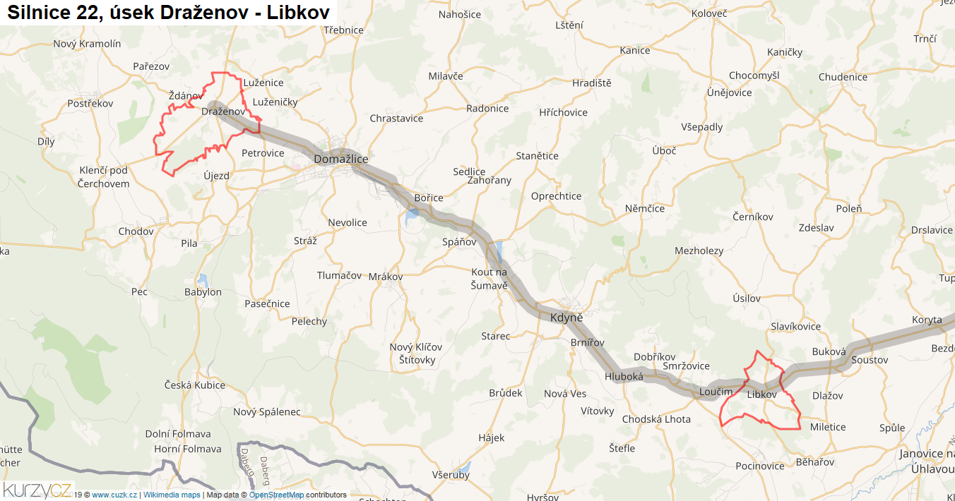 Úsek Draženov - Libkov, Silnice 22 - Mapa