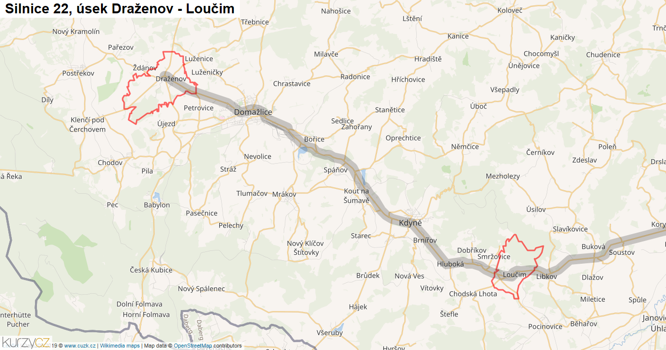 Úsek Draženov - Loučim, Silnice 22 - Mapa