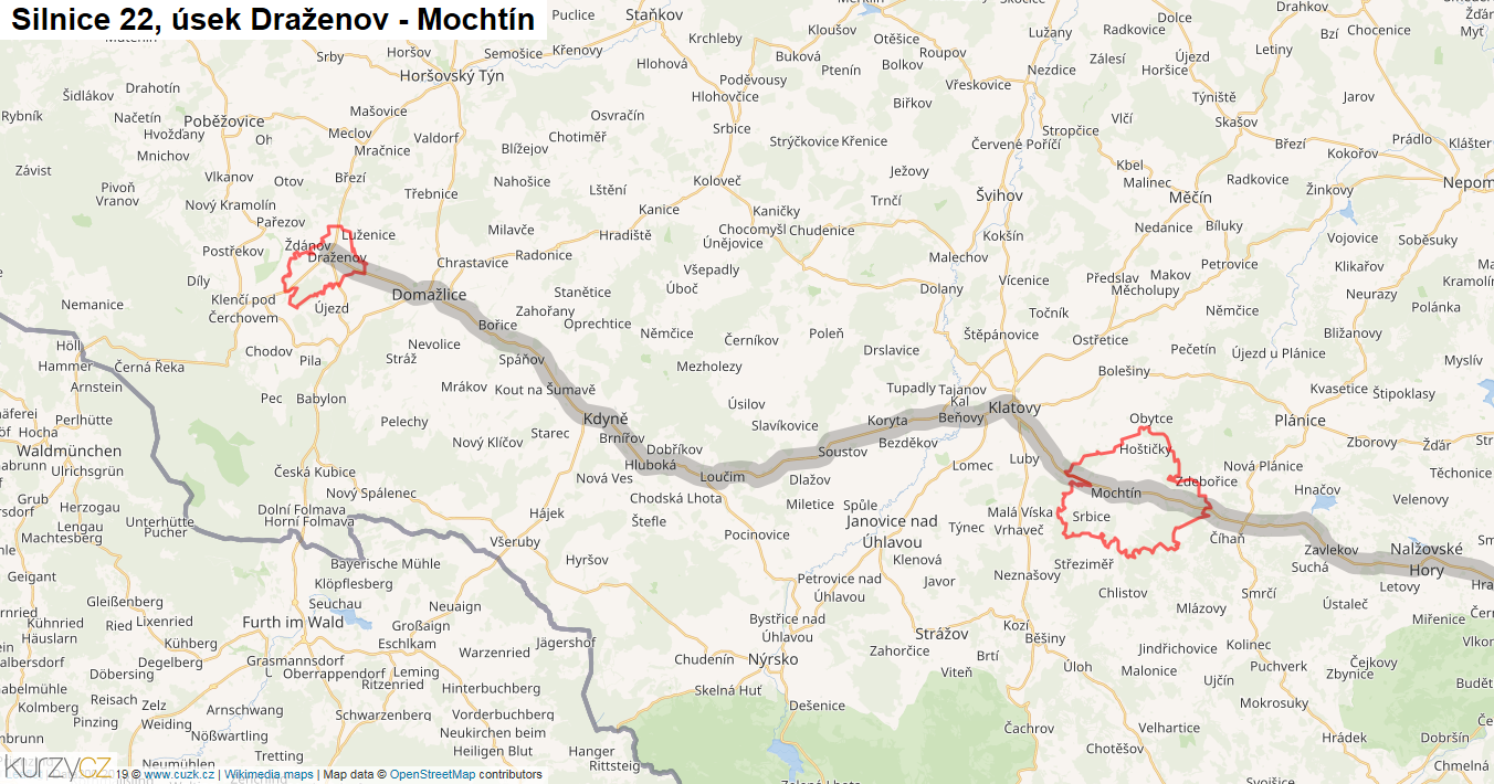 Úsek Draženov - Mochtín, Silnice 22 - Mapa