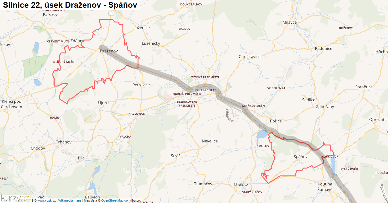 Úsek Draženov - Spáňov, Silnice 22 - Mapa