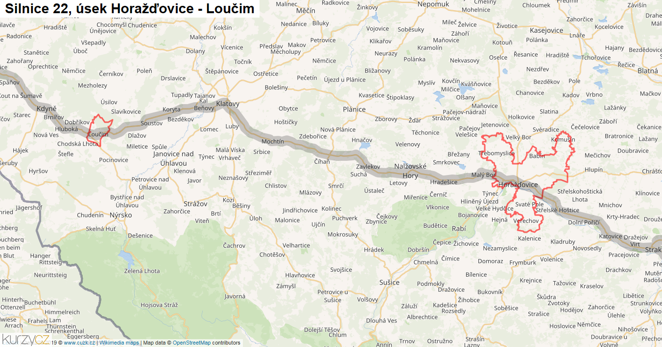 Úsek Horažďovice - Loučim, Silnice 22 - Mapa