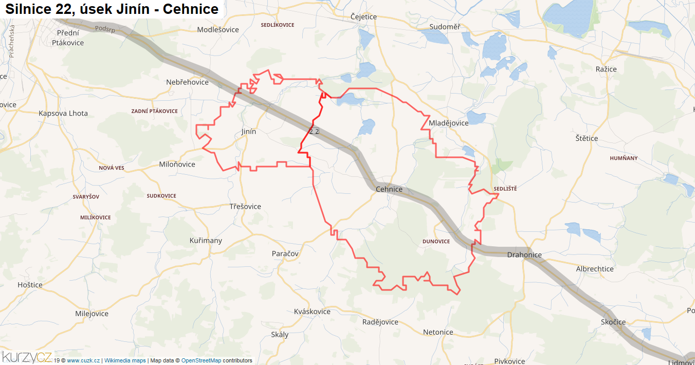 Úsek Jinín - Cehnice, Silnice 22 - Mapa