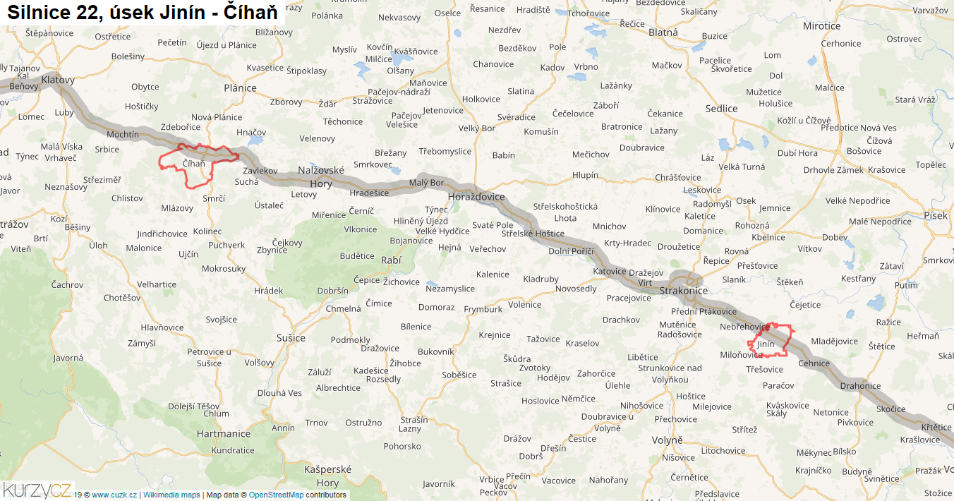 Úsek Jinín - Číhaň, Silnice 22 - Mapa