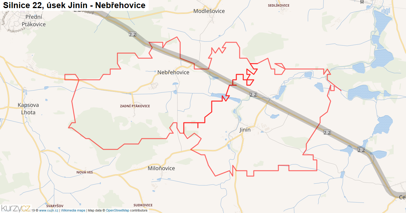 Úsek Jinín - Nebřehovice, Silnice 22 - Mapa