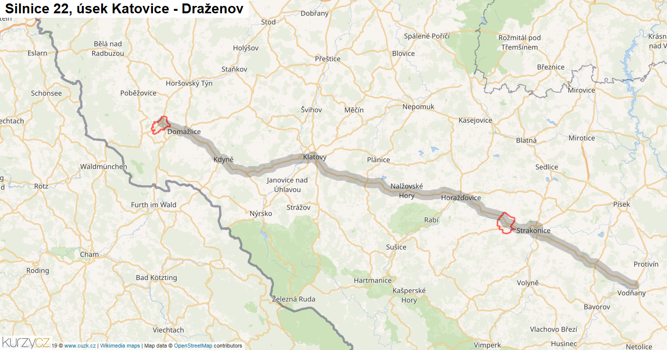 Úsek Katovice - Draženov, Silnice 22 - Mapa