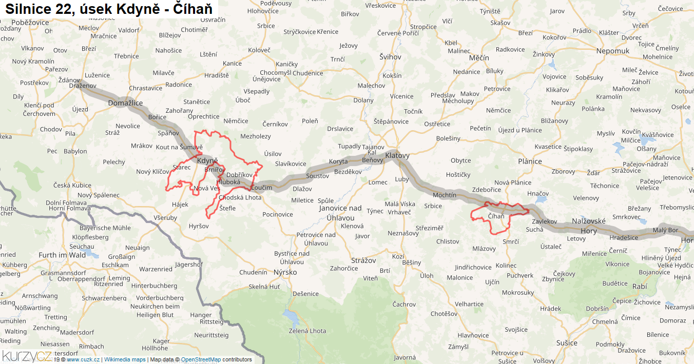 Úsek Kdyně - Číhaň, Silnice 22 - Mapa
