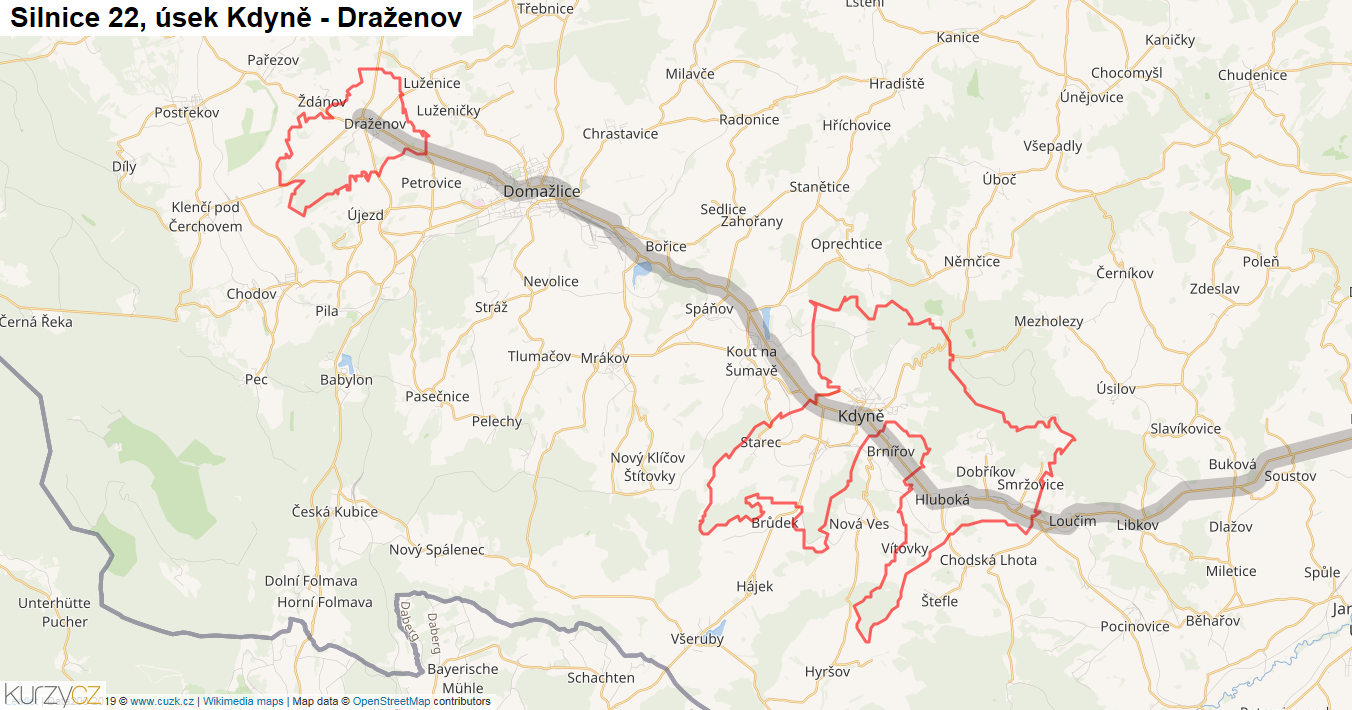 Úsek Kdyně - Draženov, Silnice 22 - Mapa